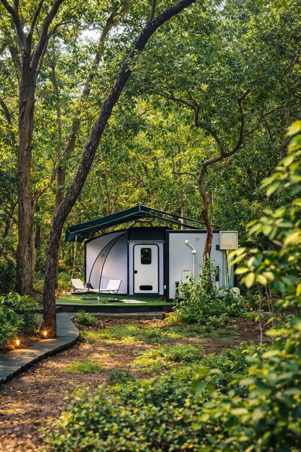 Sleeping pod tucked into the bush with a lit boardwalk