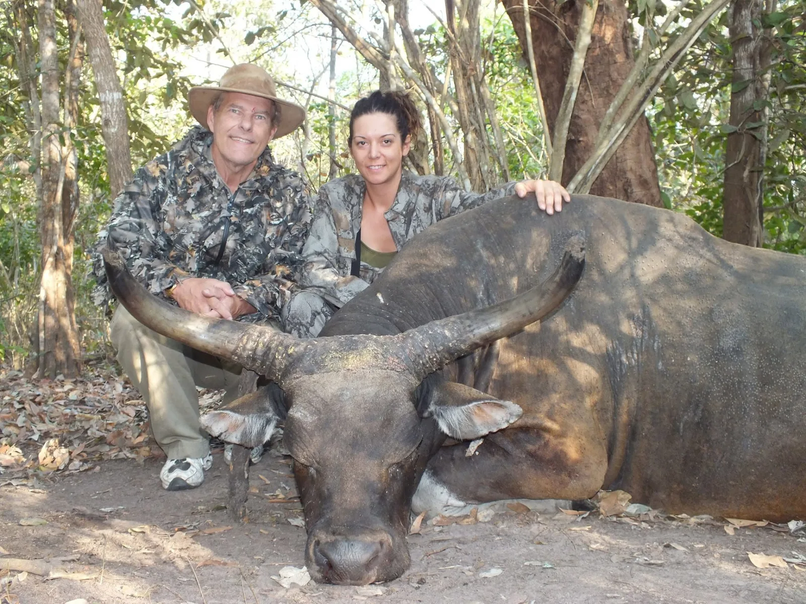 Two hunters with a wide-horned buffalo bull