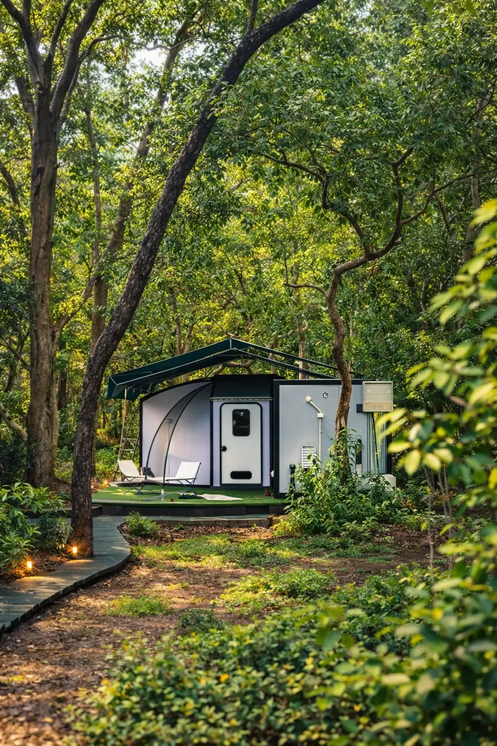 Sleeping pod tucked into the bush with a lit boardwalk
